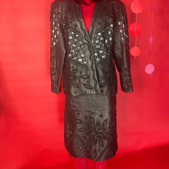 2-Piece Set – Vintage Unique Embroidered Leather Jacket & Skirt | Handcrafted - Picture 4 of 12